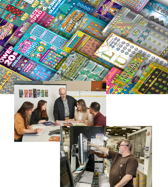 Collage of instant tickets, a boardroom meeting, and two people on a printing floor.